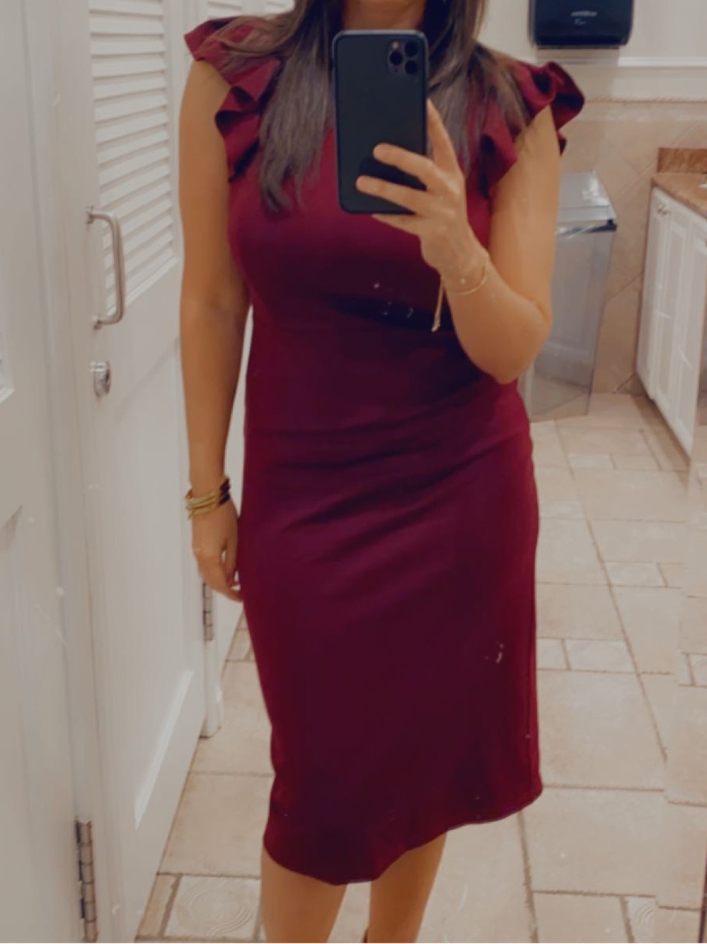 Elegant Burgundy Ruffle-Sleeve Sheath Dress